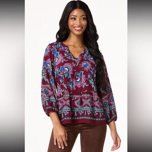¾ Puff Sleeve Relaxed Boho Paisley Multi Print Hippie Bohemian Indie